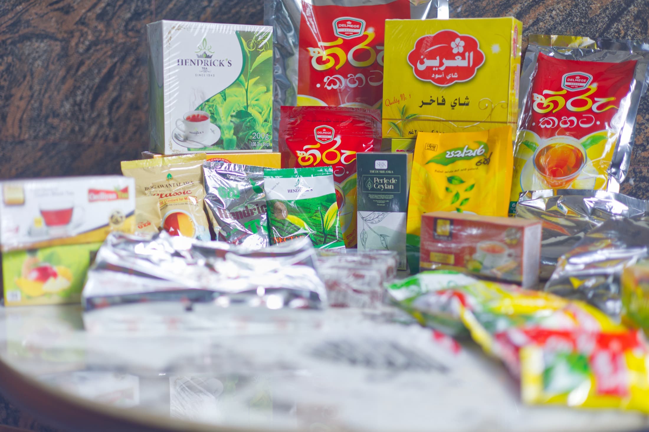 A spread of client tea brands packed under contract at Nimali Tea
